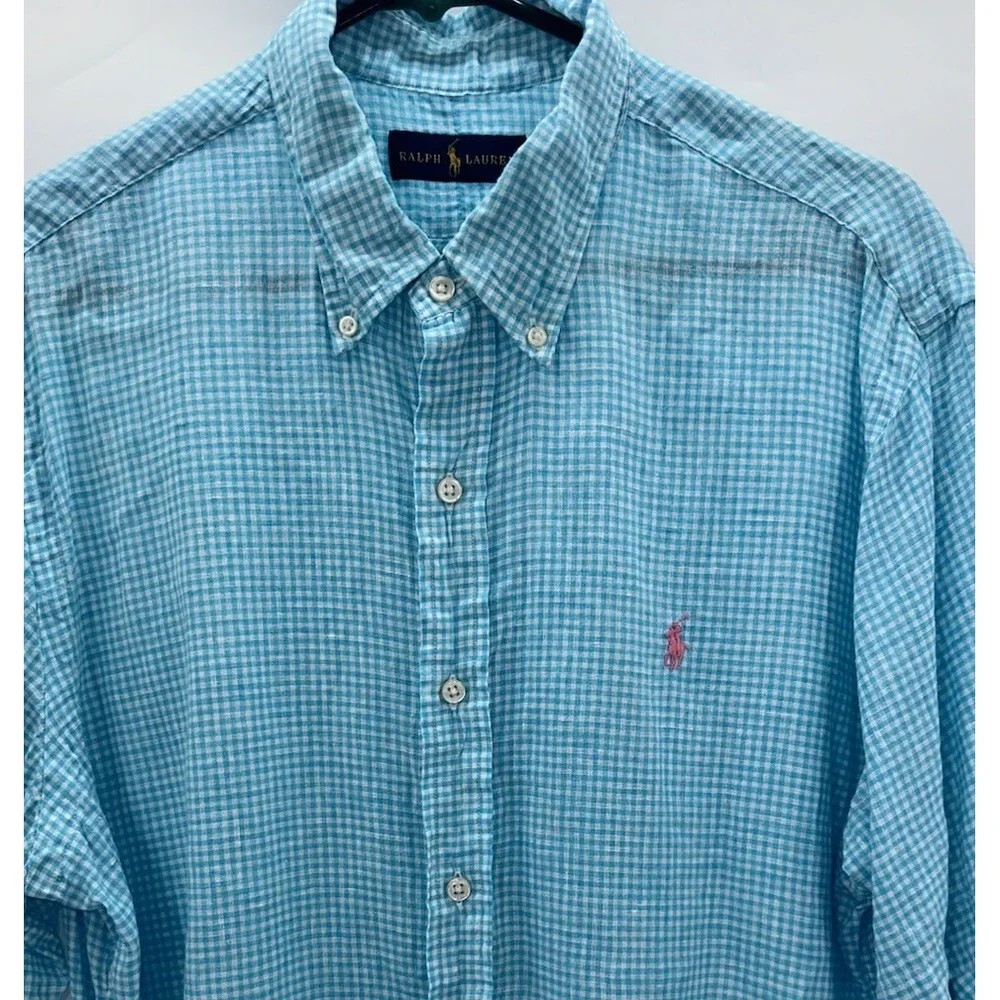 Polo Ralph Lauren Large Light Blue Gingham Check‎ Linen Button Down Short Sleeve